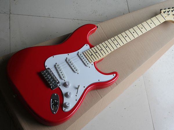 

electric guitar three single pickup red body white guard maple fingerboard
