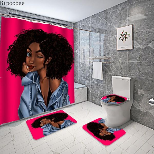 

african american shower curtain for bathroom decoration afro black girl bath curtains flannel toilet lid cover anti-slip rugs