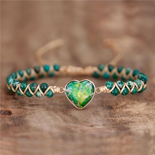 

charm bracelets boho green natural stone heart string braided macrame beads bracelet jaspers lover jewelry gift drop, Golden;silver