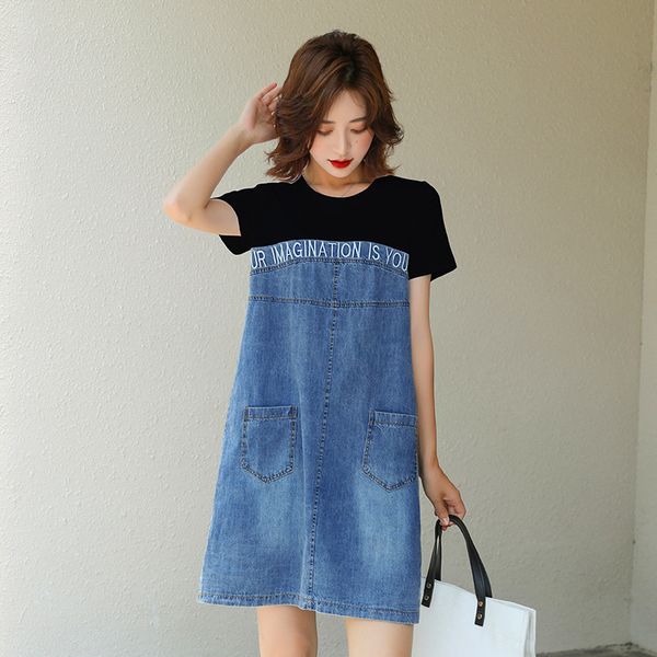 

New Summer Style Women Dresses Casual Loose Pockets Slim O-Neck Knitted Patchwork Jeans Dress For Females Denim Larger One Piece, Black
