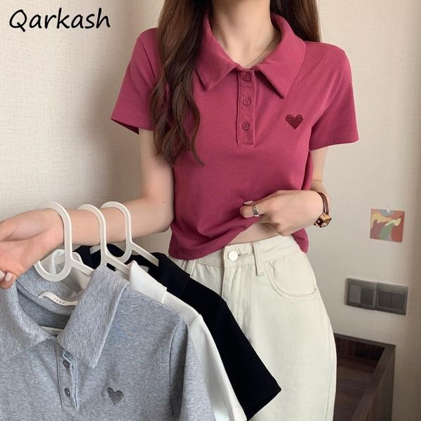 

women's t-shirt t-shirts women crop buttons turn-down collar female korean preppy style short sleeve retro solid color sweet teens clo, White