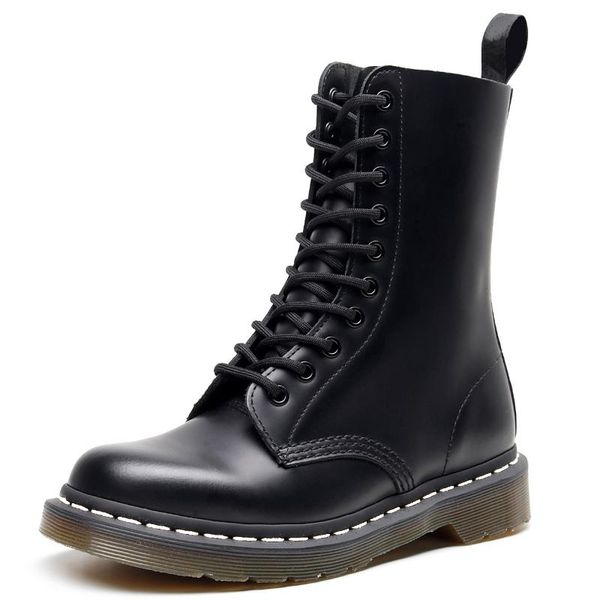 

boots 2021 brand genuine leather women chunky motorcycle couple fashion round toe lace-up combat luxury shoes, Black