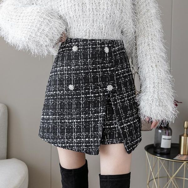 

rhinestone buttons tweed plaid mini skirts women vintage office lady woolen skirt pencil a-line autumn winter bodycorn x631, Black