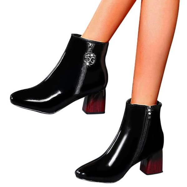 

boots patent leather square toe zip fashion botas mujer 2121 vintage women shoes woman, Black