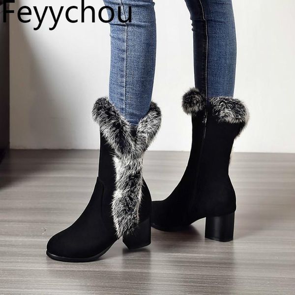 

boots women autumn winter high heel warm flock mid-calf fur round toe snow thick 2021 fashion beige black