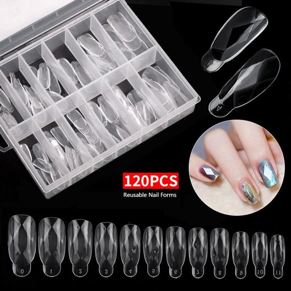 

false nails 120pcs nail form uv gel mold extension tips clear/matte full cover diamond shape 12 sizes, Red;gold