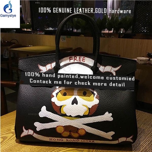 

punk skull head hand painting draw print graffiti famous brand custom women totes cowhide handbags gifts genuine leather bags