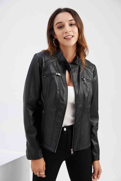 

women's leather & faux primavera e outono jaqueta feminina de couro fino casaco com zÃ­per cor sÃ³lida lazer ao ar livre moda 69ri, Black