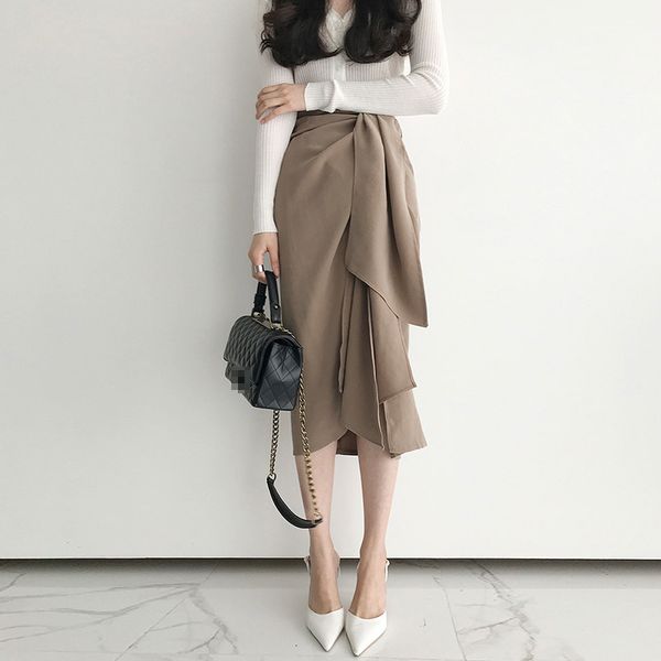 

[ewq] spring all-match women's casual skirt high waist bandage asymmetrical midi skirts korean fashion female elegant 210423, Black