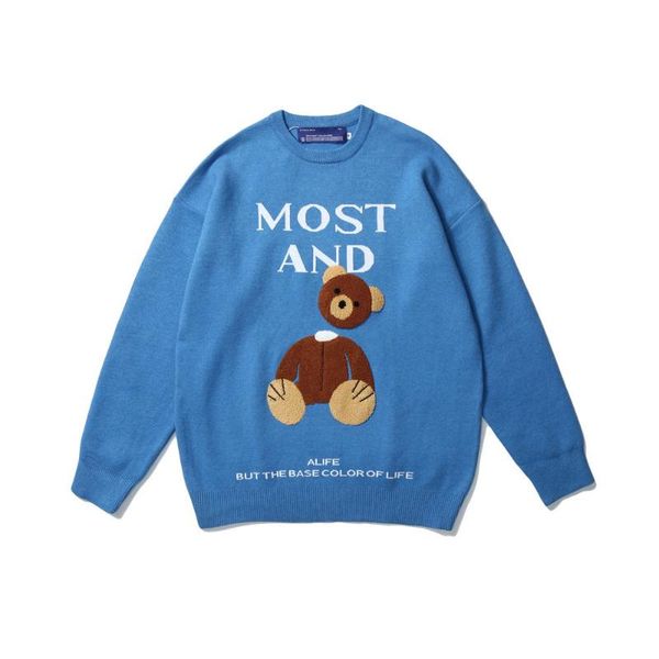 

men's sweaters cartoon bear embroidery sweater bf lazy wind loose o neck autumn trend pullover, White;black