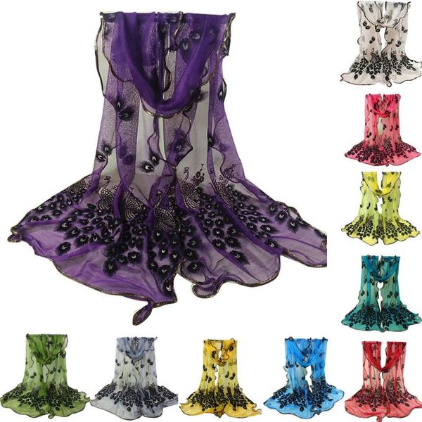 Lenços design mulheres chiffon pavão flor flor bordado laço elegante lenço longo envoltório macio wrap shale senhoras roubou