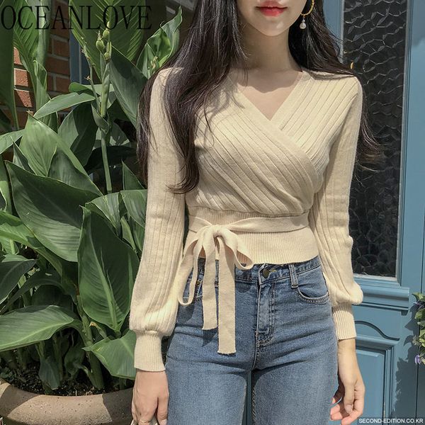 

v neck woman sweaters lace up korean chic elegant solid mujer sueteres autumn winter shorts pull femme sweet 19331 210415, White;black