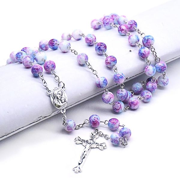 

handmade rosary necklaces christian catholic virgin mary inri cross pendant colorful beads chains necklace religious jewelry, Silver