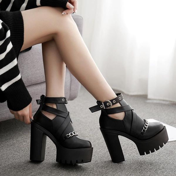 

boots spring autumn fashion ankle for women high heels casual cut-outs buckle round toe chain thick platform shoes, Black