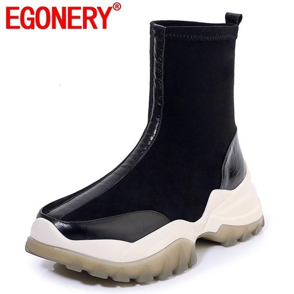 

egonery woman spring concise casual handmade genuine leather ankle boots outside high heels platform ladies shoes u4an, Black