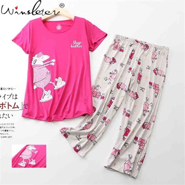 Conjuntos de pijama de verão para mulheres meninas de malha algodão sleepwear ovelha impressão plus tamanho 3xl manga curta 2 pcs conjunto de salão t13807a 210421