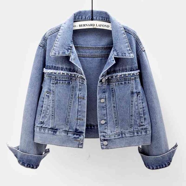 

women's fur & faux spring autumn women harajuku denim coat short rivet long sleeve jeans jacket ladies loose single breasted outer, Black
