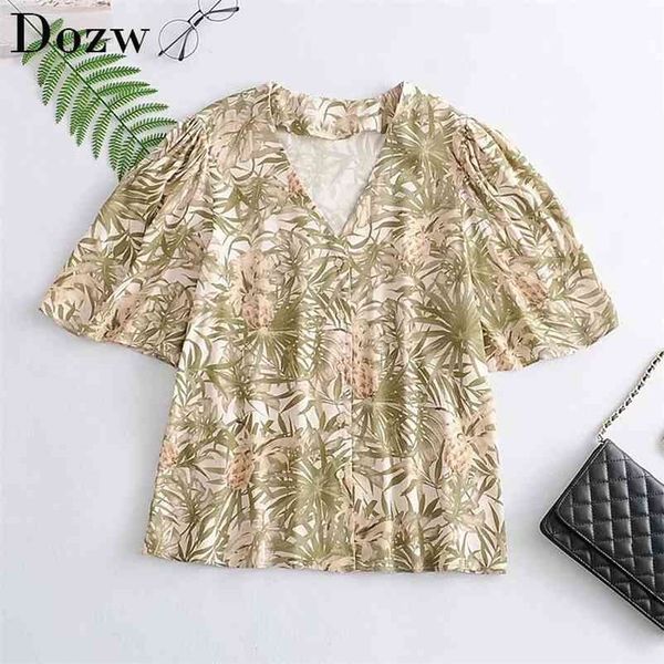 

v neck boho style floral printed blouse women pleated short sleeve loose shirt female casual ladies summer blusas 210515, White