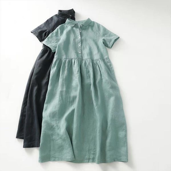 

natural cotton linen summer elegant women dresses turn down collar short sleeve comfortable breathable loose casual, Black;gray