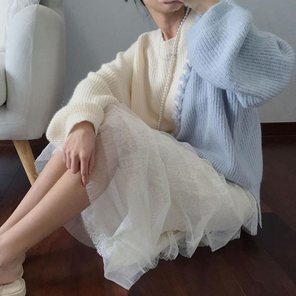 

women's sweaters 2021 autumn style stitching ladies casual korean knit sweater outer wear winter knitted women round neck 3xl, White;black