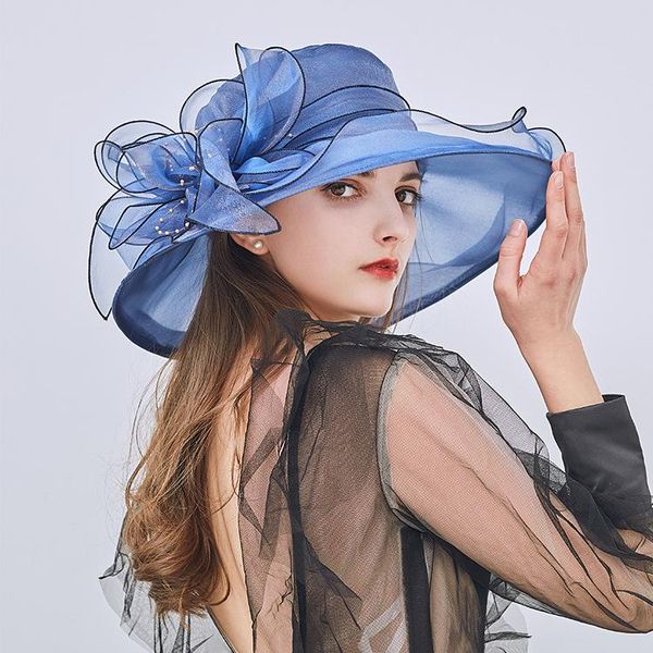 

wide brim hats flower wedding for women big elegant mesh beach sunshade foldable accessories bridal headwear, Blue;gray