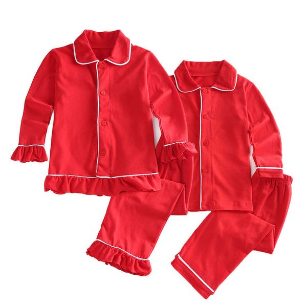 Natale Classico Abbigliamento per bambini morbido cotone solido pigiama rosso carino inverno con volant ragazza bambini pigiama a maniche lunghe pigiama 210908