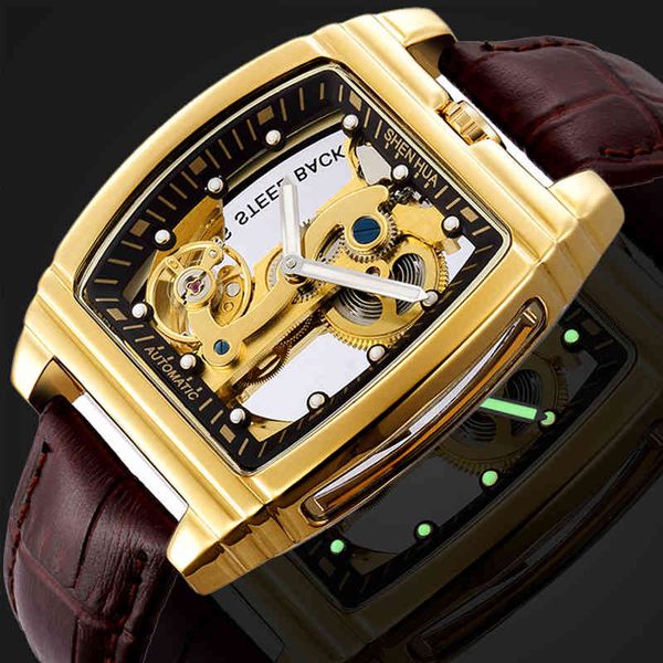 

shenhua transparent automatic mechanical watches fashion male steampunk skeleton luxury dial turbillon self-wind men's, Slivery;brown