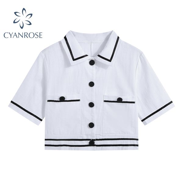 

white cardigan shirts lapel elegant short sleeve preppy style crop blouses female streetwear harajuku fashion blusas 210417