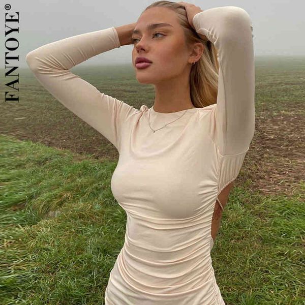 

casual dresses long sleeve ruched spring 2021 women elegant bandage bodycon mini solid o-neck cut out vestido clothing 1cv2, Black;gray