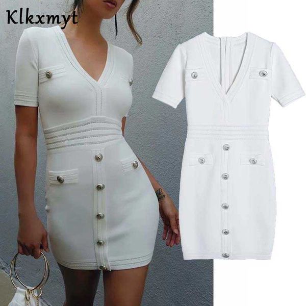 Klkxmyt Frauen Frühling Sommer Za Kleid sexy Kurzarm schlanker Beutel Hüfte mit Metallknöpfen Party Kleider Vestidos 210527