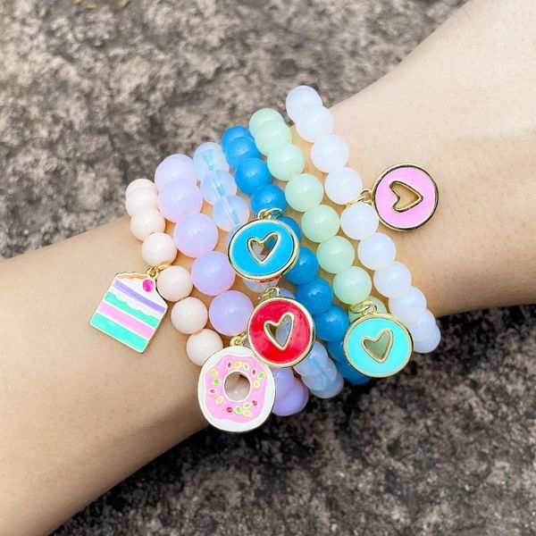 

charm bracelets flola colorful bead bracelet copper enamel with charms pendants for girls elastic crystal women jewelry brte38, Golden;silver