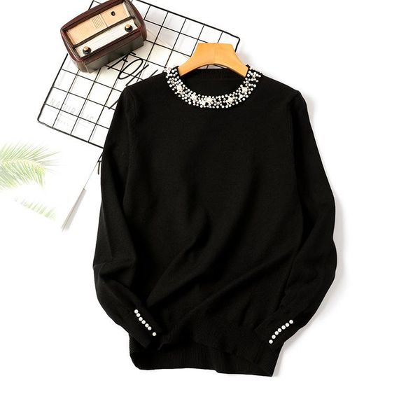 

women's sweaters fall winter beading pullover sweater female round neck long sleeves loose slimming knitted for women warm, White;black