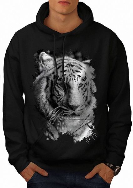 

wellcoda white tiger head mens hoodie, wild hooded sweatshirt g9q1#, Black