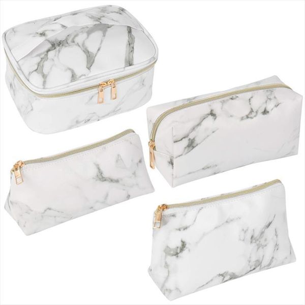 

4 piece cosmetic travel bags portable makeup brush waterproof storage unisex, white marble