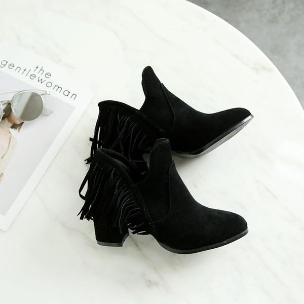 

boots big size - women shoes ankle for ladies fringe muzzle side slit, Black