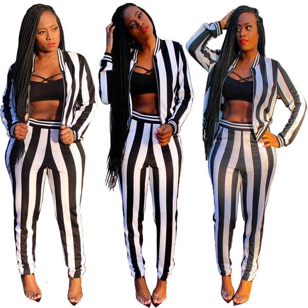 

latest trendy stripes casual outfits zipper sleeves jacket long pants nightclub party two-piece suits autumn winter, Gray