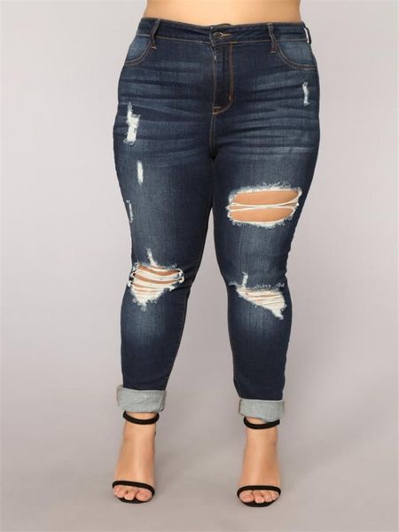 

woman jeans high waist women's stretch hole large size pocket zipper button casual boots cut pants trousers 4.24, Blue