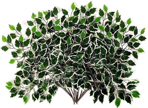 12 pcs Artificial Variegated Ficus deixa árvores Greams Greenery Indoor Planta Ao Ar Livre para Office House Farmhouse Decoração de Jardim Home (Branco Verde)