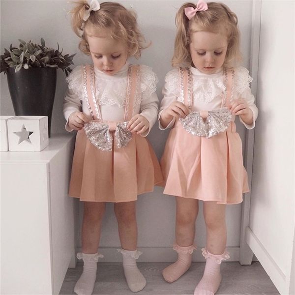 

sets winter set long sleeve lace t shirt ruffles skirts 3pcs clothing suit bow baby outfits kid girls clothes h50 0926, White