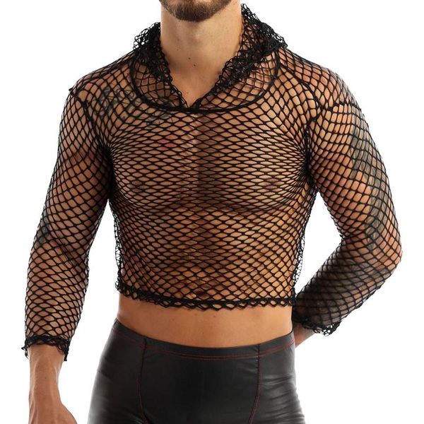 

fashion mens summer long sleeve t-shirt hoodie fishnet mesh see through breathable casual club wear muscle tee shirt bras sets, Red;black