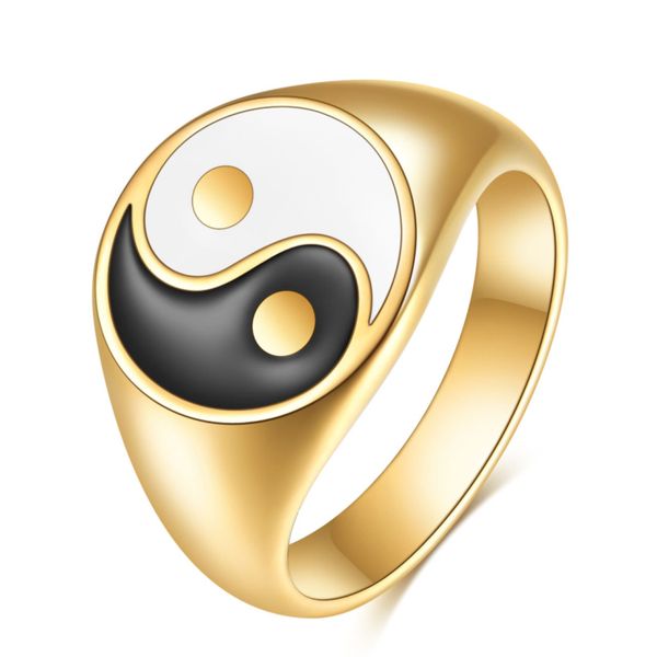 

18k gold plated black and white enameled taiji bagua yin yang ring 304 stainless steel rings, Silver
