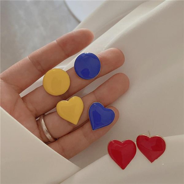 

stud aomu retro asymmetry red yellow colorful contrast round heart drip glaze metal earrings for women daily jewelry gifts, Golden;silver