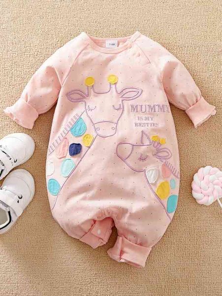 

baby patched detail letter & giraffe embroidery raglan sleeve jumpsuit she, Blue