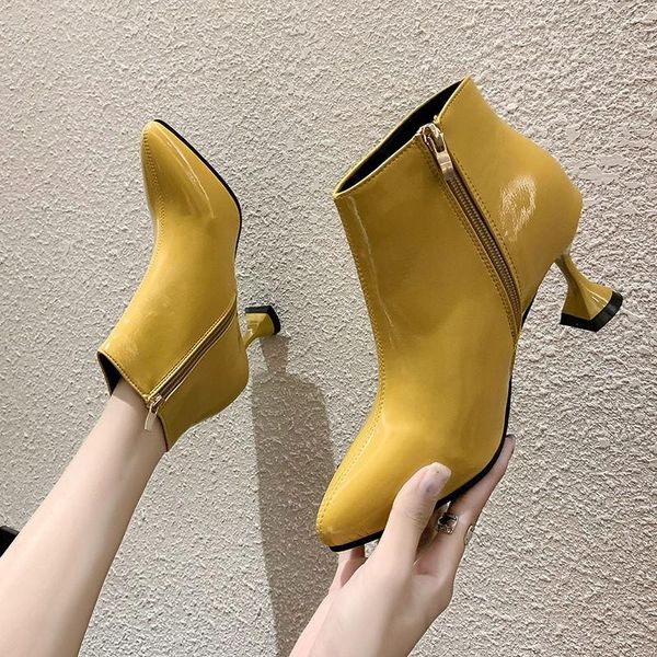

boots ankle women thick high heels pointed toe female black yellow leather shoes for lady 2021 autumn p048