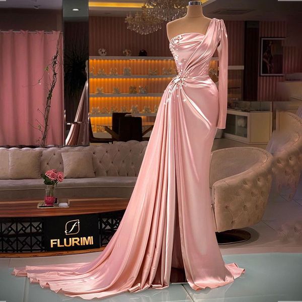 

pink one shoulder evening dresses shiny beaded sequins mermaid prom dress with high split custom made vestidos de fiesta, Black;red