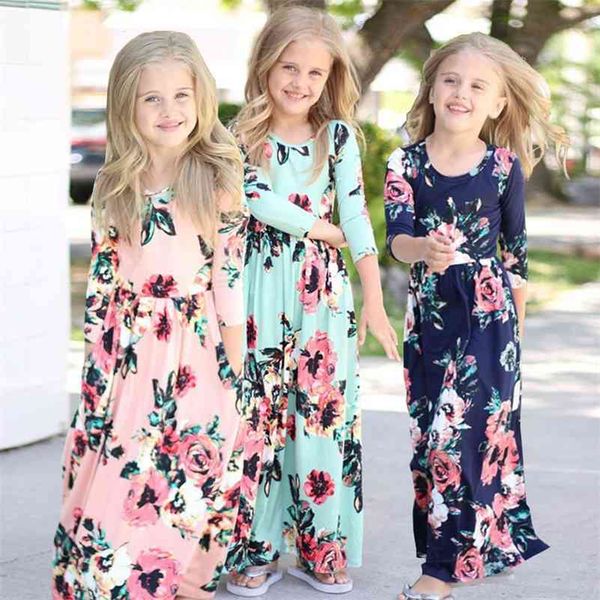 Girls floreale maxi estate maniche lunghe abito da spiaggia per bambini bambino fiore stampato boemia abiti lunghi costume musulmano 210331