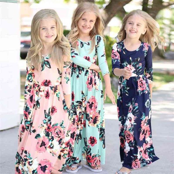 

girls floral maxi summer long sleeves beach dress kids baby flower printed bohemia long dresses muslim costume 210331, Red;yellow