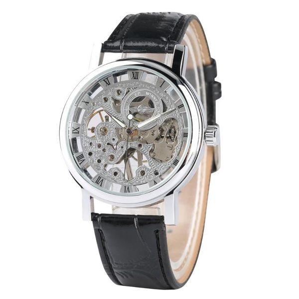 

wristwatches transparent skeleton wrist watch for men hand wind mechanical wristwatch teenagers leather band watches gift, Slivery;brown