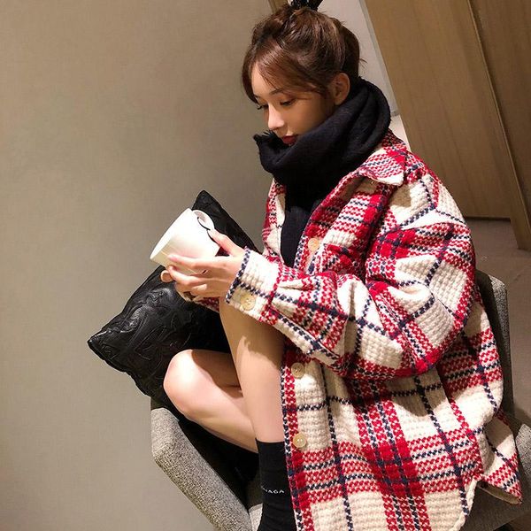 

women's wool & blends 2021 spring and autumn hepburn style woolen coat loose mid-length small plaid, Black
