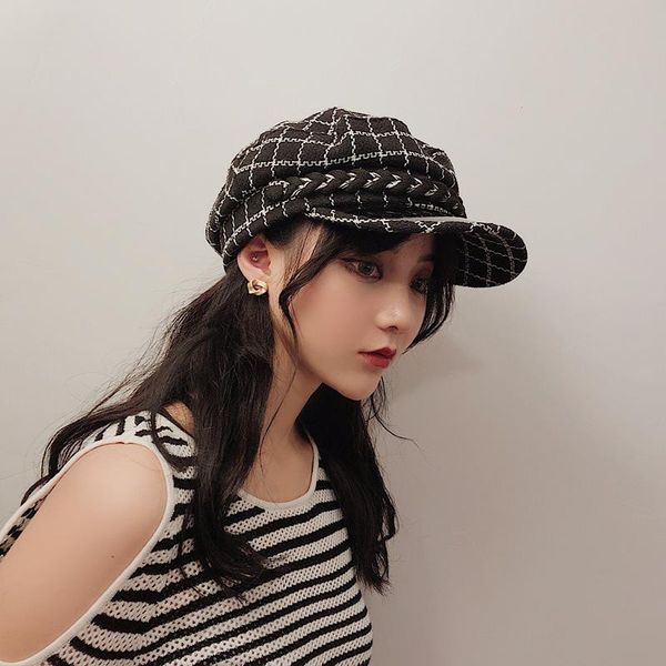 

beanies british internet famous beret tweed plaid octagonal hat flat navy women - casual leather brim peaked cap